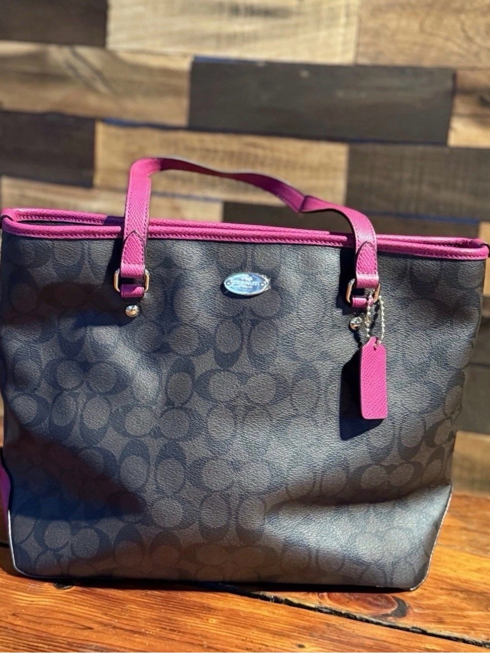 Authentic Coach Classic City Tote Monogram Brown Black & Dark Magenta Pink